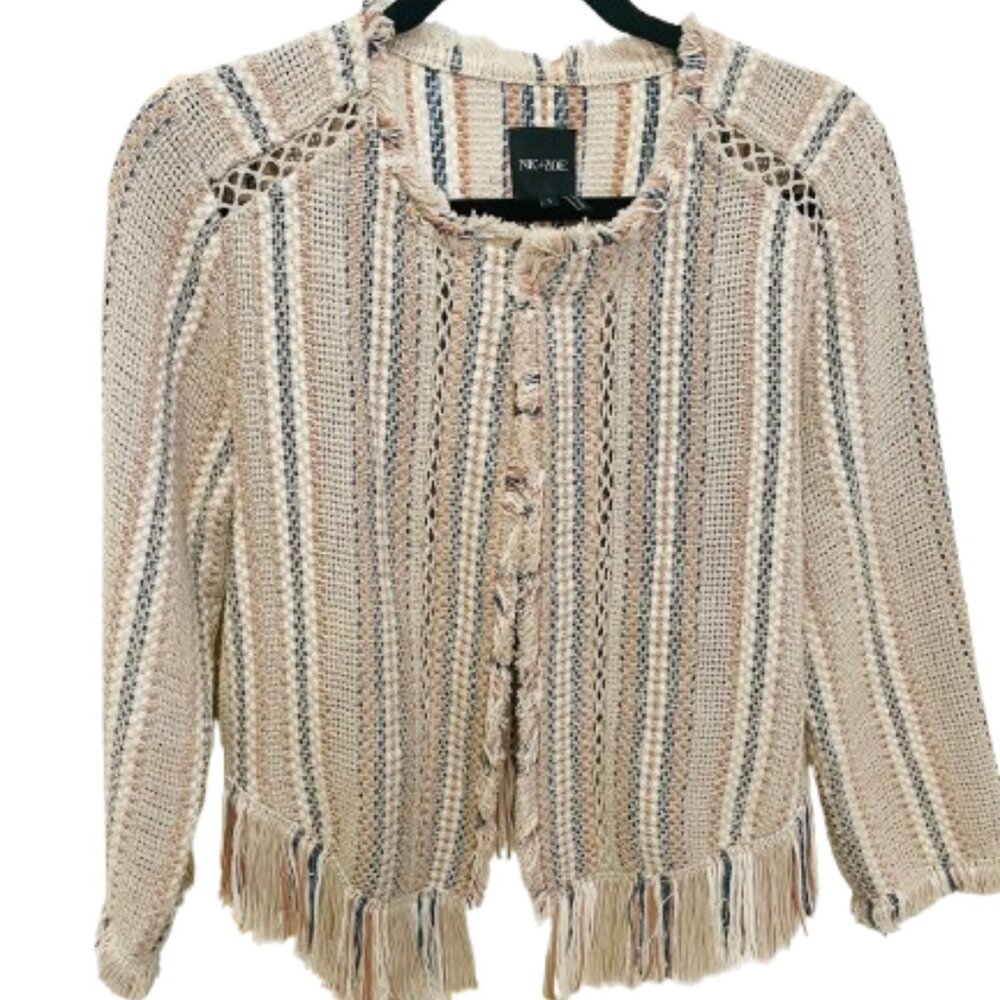 Nick & Zoe Fringe Hem Open-Knit Jacket – Neutral Stripes, Size Small